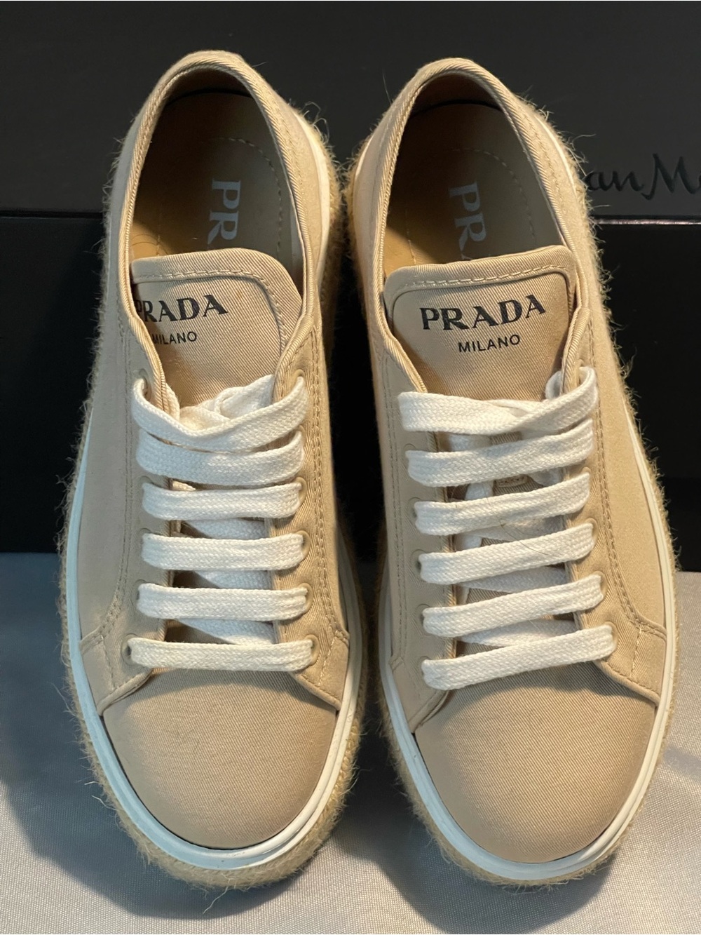 Prada women’s Beige Canvas Low-Top Sneakers with White Laces